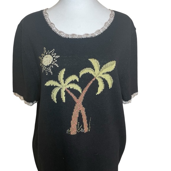 CJ Banks Hand Embroidered Plus Palm Tree Short Sleeve Sweater 1X Coastal Beach - Picture 2 of 11